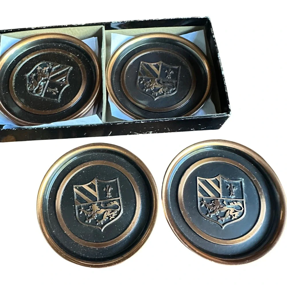 Hyde Park Coasters Vintage Bronze Black Metal Heraldic Crest Set of 6 3.75in